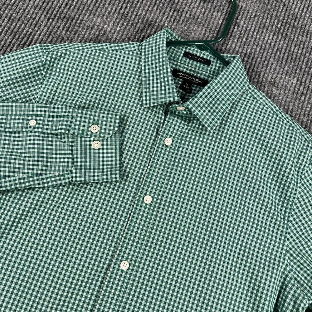 Banana Republic Shirt Mens Medium Green Check Long Sleeve Button Up Slim Flex